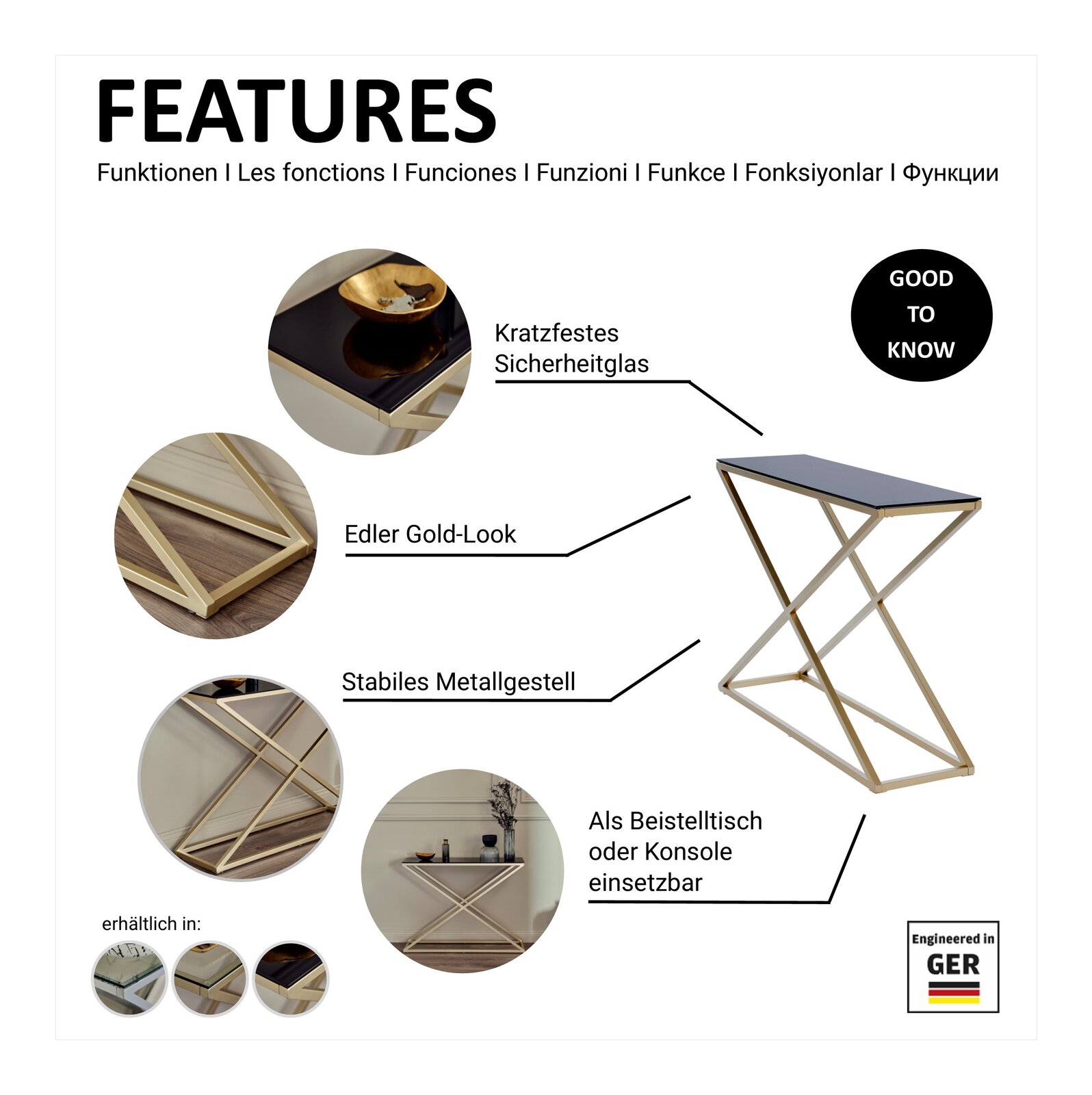 Elegante Konsole mit kratzfestem Sicherheitsglas und stabilem Metallgestell im edlen Gold-Look, seitliche Perspektive.