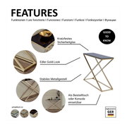 Elegante Konsole mit kratzfestem Sicherheitsglas und stabilem Metallgestell im edlen Gold-Look, seitliche Perspektive.