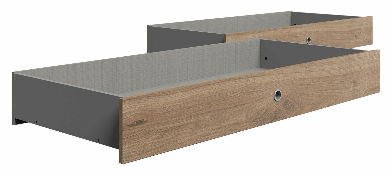 Zwei Bettschubkästen aus Holz und Metall in seitlicher Perspektive.