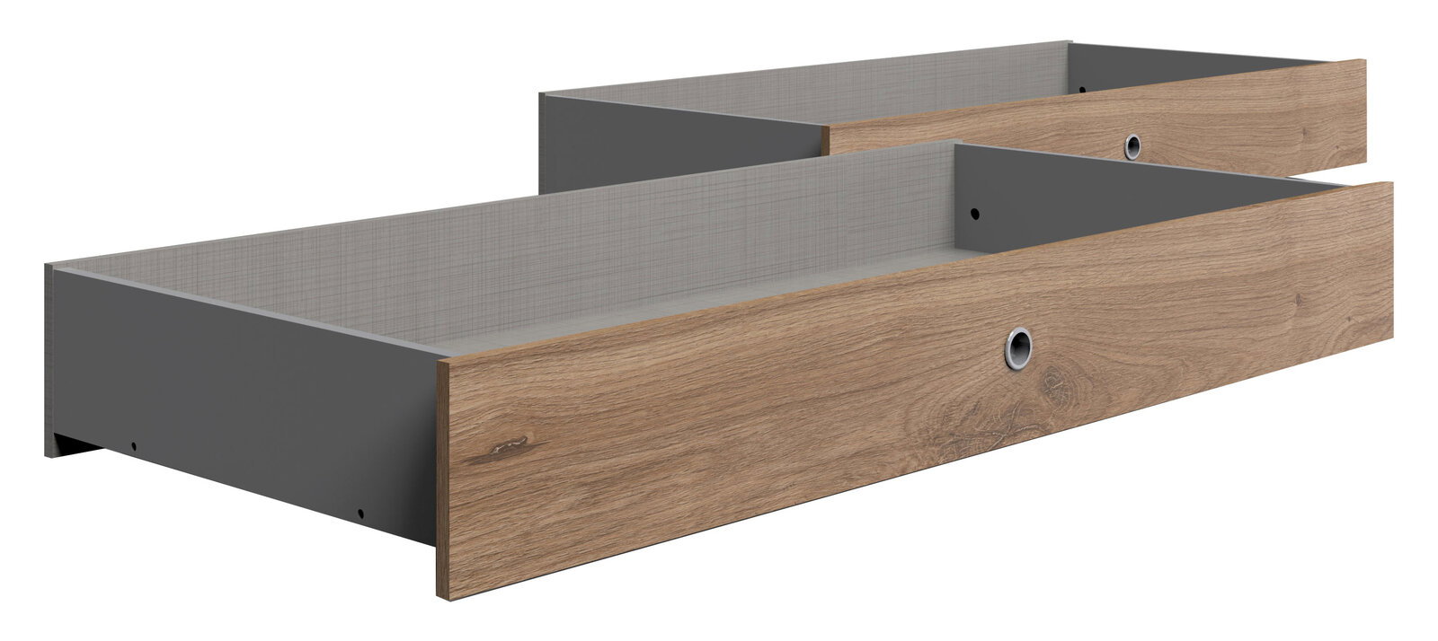 Zwei Bettschubkästen aus Holz und Metall in seitlicher Perspektive.