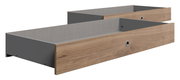 Zwei Bettschubkästen aus Holz und Metall in seitlicher Perspektive.