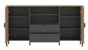 Offenes Sideboard mit zwei Türen und zwei Schubladen, aus Holz und Metall, frontale Ansicht.