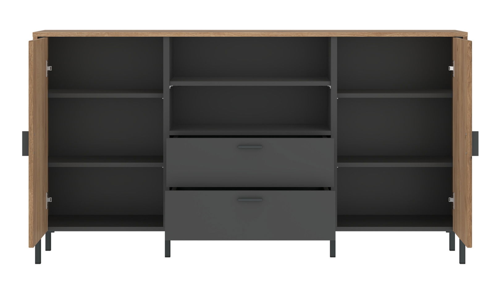 Offenes Sideboard mit zwei Türen und zwei Schubladen, aus Holz und Metall, frontale Ansicht.