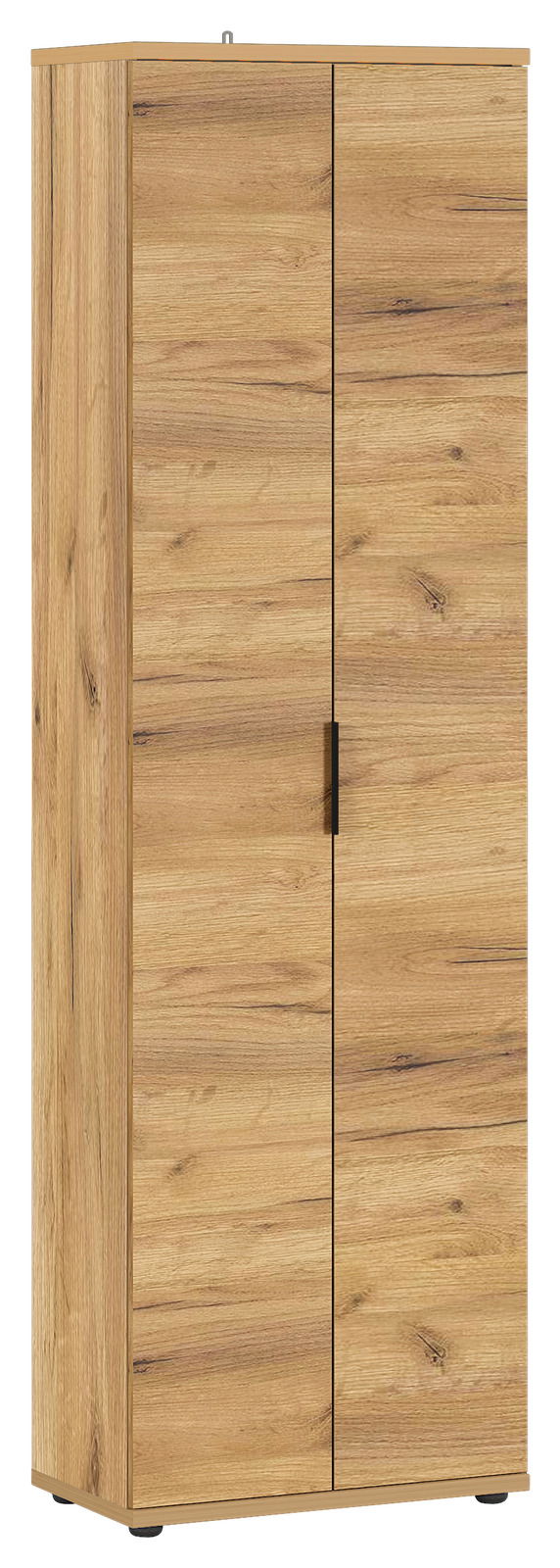 Garderobenschrank aus Holz in Frontalansicht mit zwei Türen und natürlicher Holzmaserung.
