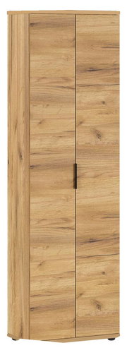 Garderobenschrank aus Holz in Frontalansicht mit zwei Türen und natürlicher Holzmaserung.