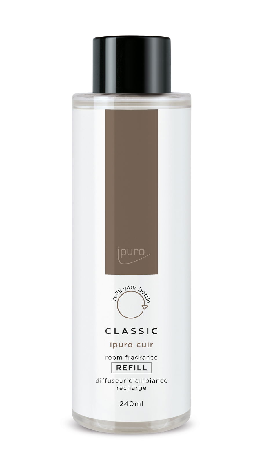 Flasche mit schwarzem Verschluss und braunem Etikett, ipuro Classic cuir Raumduft Nachfüllung, 240ml, Frontalansicht