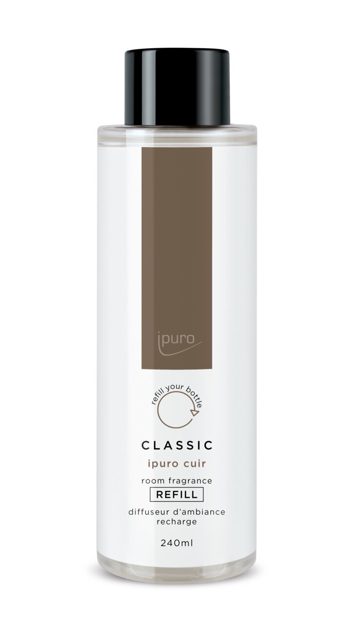 Flasche mit schwarzem Verschluss und braunem Etikett, ipuro Classic cuir Raumduft Nachfüllung, 240ml, Frontalansicht