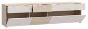 TV-Lowboard in hellem Holzdesign mit offenen Schubladen und Klappen, seitliche Perspektive