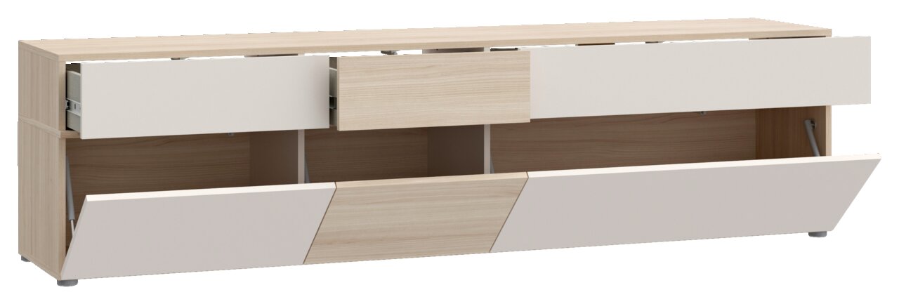TV-Lowboard in hellem Holzdesign mit offenen Schubladen und Klappen, seitliche Perspektive