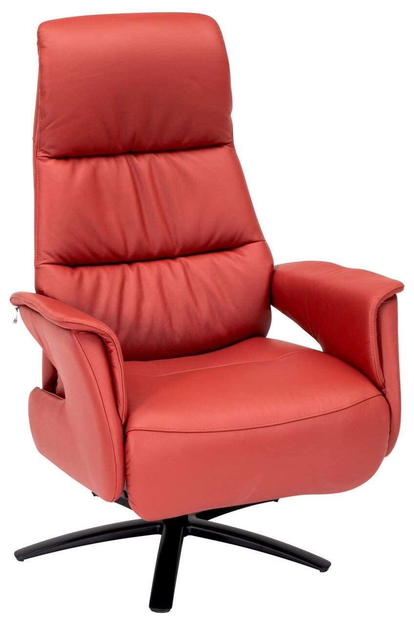 Welnova Relaxsessel 8102 SLIMLINE 2.0 Roter Relaxsessel aus Leder, seitliche Perspektive, mit schwarzem Drehfuß
