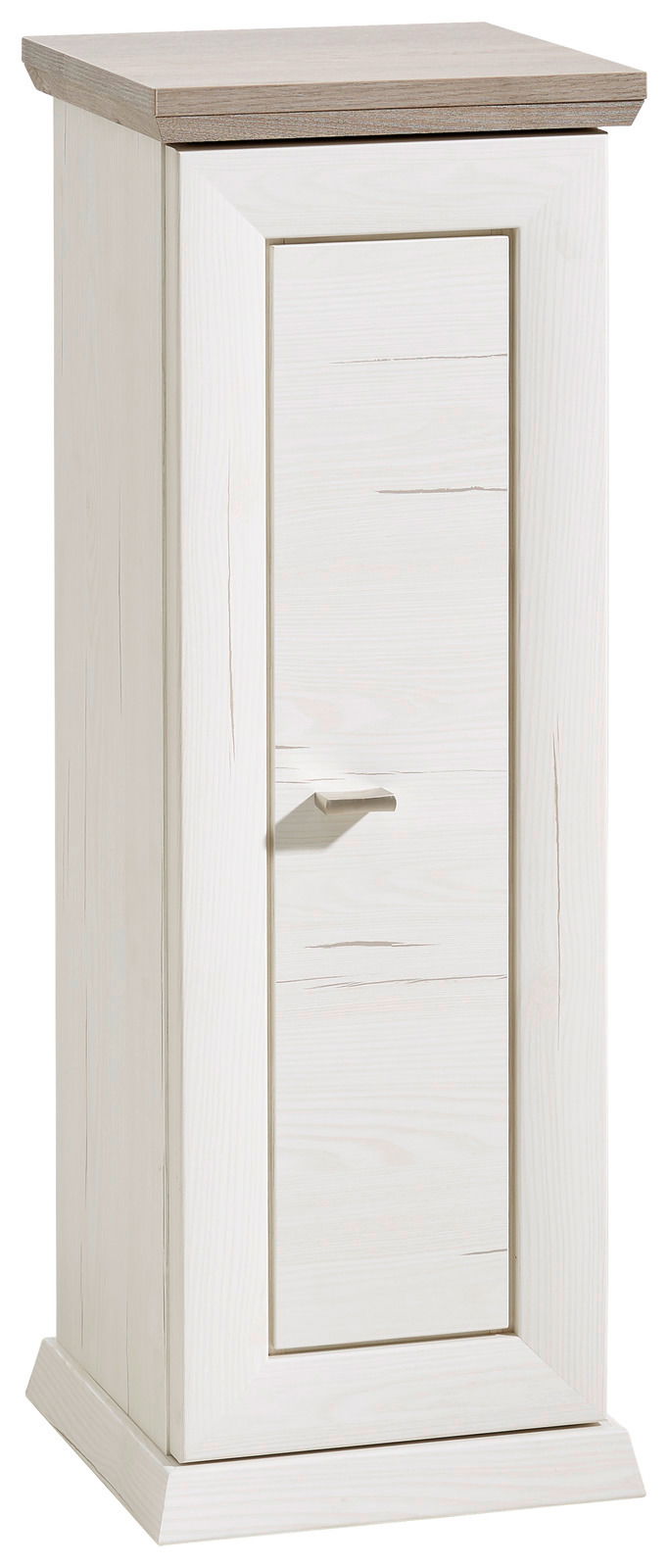 Beistelltisch mit einer Tür aus der Serie Camron/Benton in Holzoptik, frontal abgebildet.