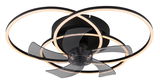 Moderner Deckenventilator mit LED-Beleuchtung, schwarze Flügel und kreisförmige Leuchtringe, Ansicht von unten.