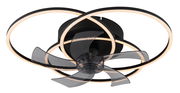 Moderner Deckenventilator mit LED-Beleuchtung, schwarze Flügel und kreisförmige Leuchtringe, Ansicht von unten.