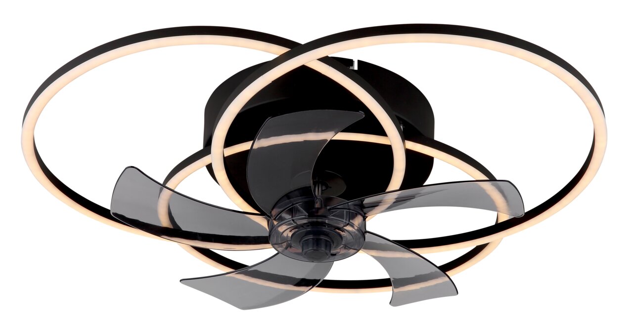 Moderne plafondventilator met ledverlichting, zwarte bladen en cirkelvormige lichtringen, gezien van onderaf.