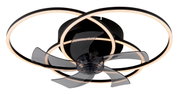 Moderner Deckenventilator mit LED-Beleuchtung, schwarze Flügel und kreisförmige Leuchtringe, Ansicht von unten.