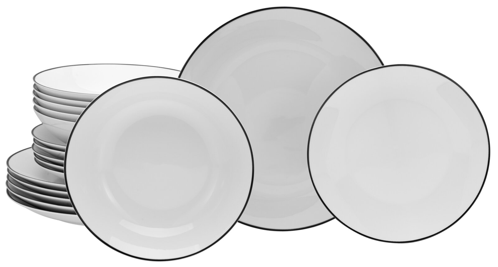 creaTable Tellerset 18-tlg LUNA Weißes 18-teiliges Tellerset mit schwarzem Rand, seitliche Perspektive