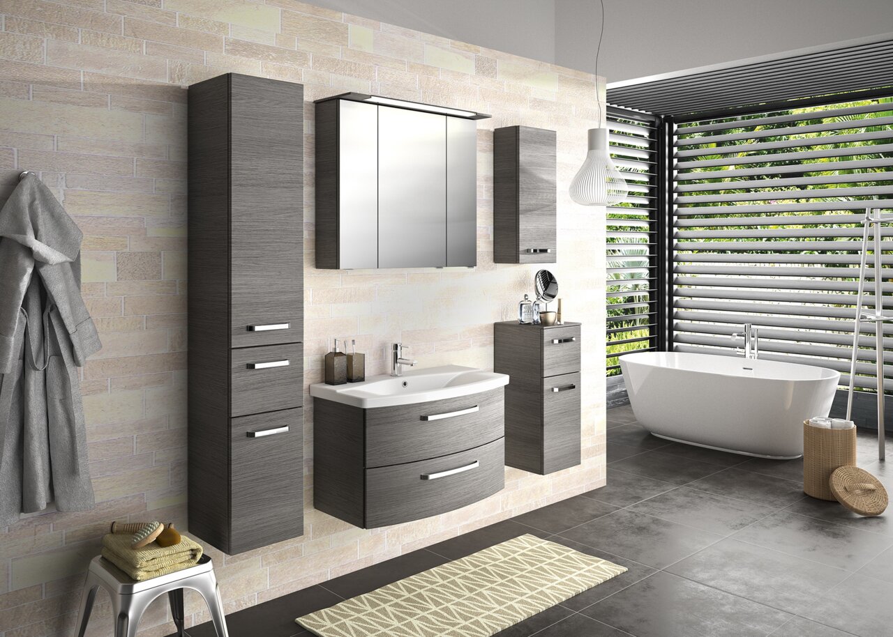 XORA Wandschrank SERIE 4010 Moderner grauer Wandschrank in einem stilvollen Badezimmer, seitliche Perspektive