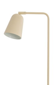Beige metalen vloerlamp met gebogen frame en verstelbare conische lampenkap, van voren in close-up tegen een witte achtergrond