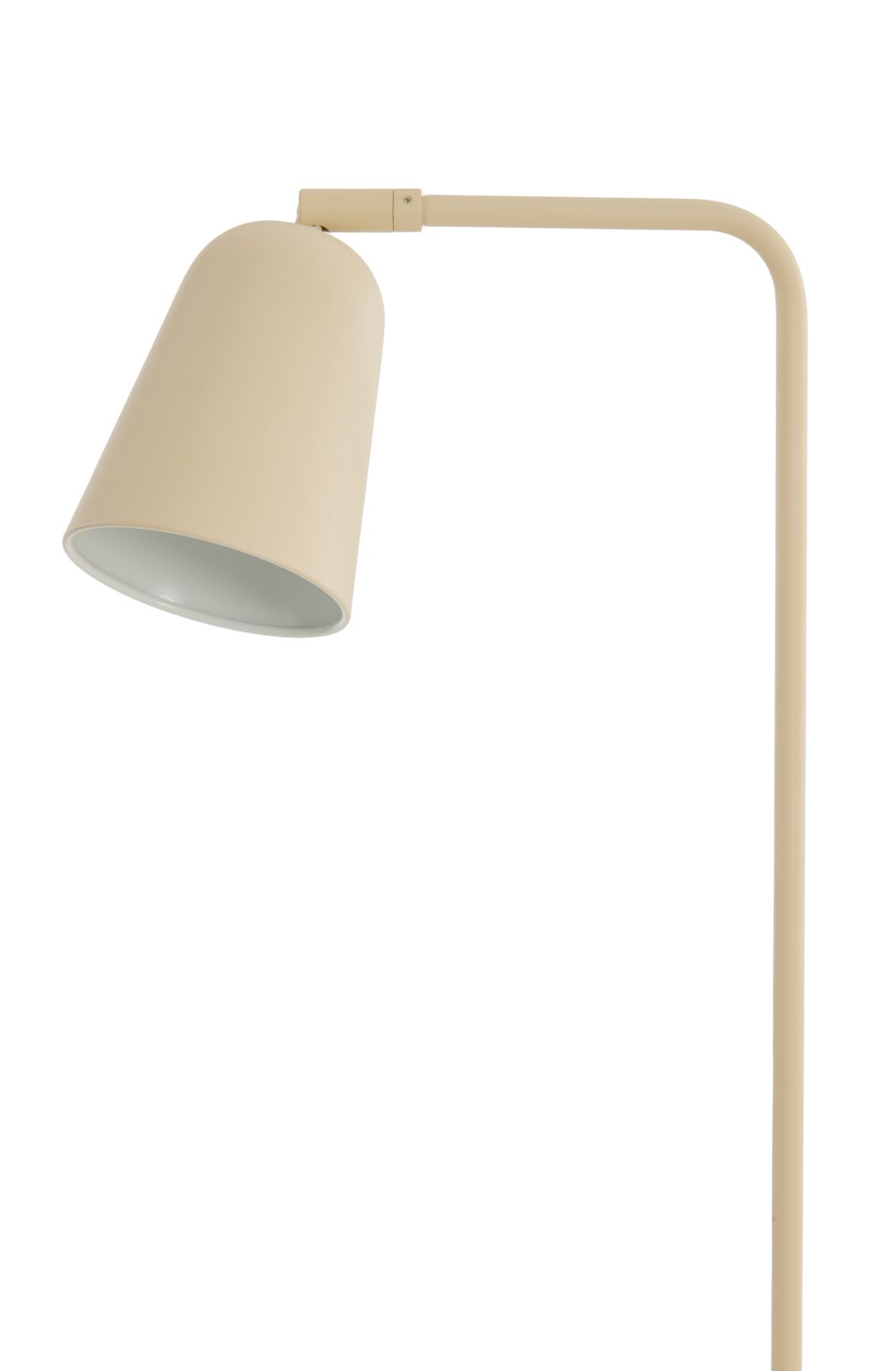 Beige metalen vloerlamp met gebogen frame en verstelbare conische lampenkap, van voren in close-up tegen een witte achtergrond