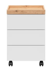 Rollcontainer mit drei weißen Schubladen und einer Holzablage, auf Rollen, Frontalansicht