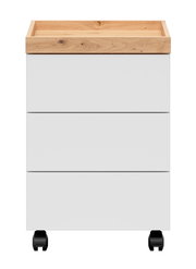 Rollcontainer mit drei weißen Schubladen und einer Holzablage, auf Rollen, Frontalansicht