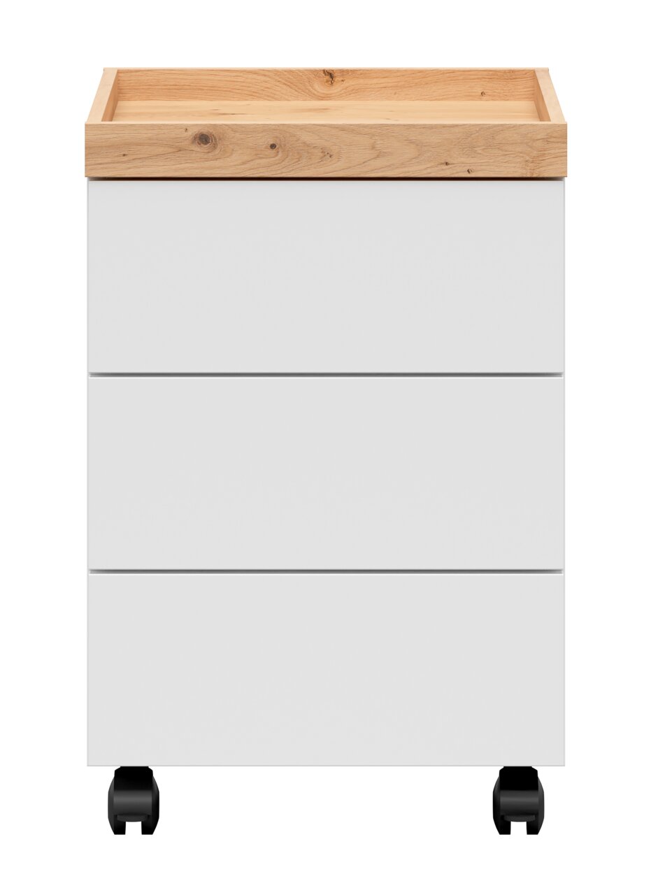 Rolcontainer met drie witte lades en een houten plank, op wieltjes, vooraanzicht