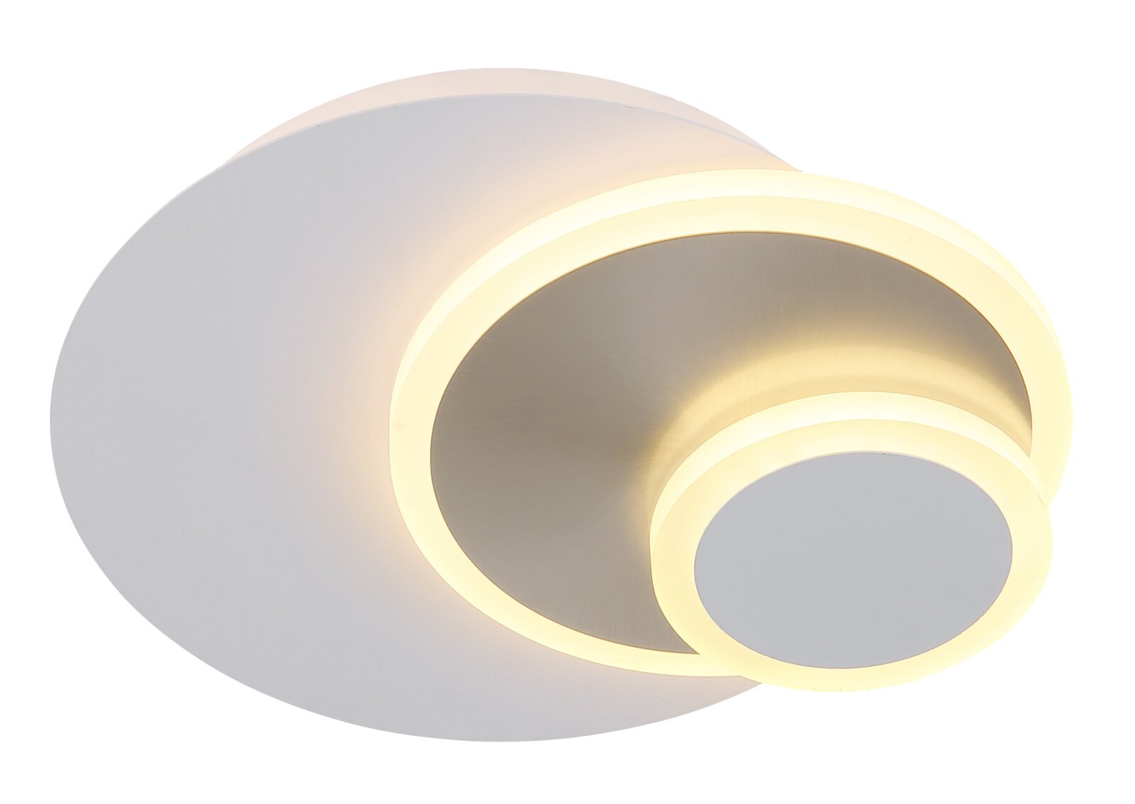 Moderne runde LED-Deckenleuchte in Weiß mit zwei leuchtenden Ringelementen und warmweißem Licht, schräg von unten aus der Seitenperspektive fotografiert