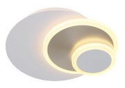 Moderne runde LED-Deckenleuchte in Weiß mit zwei leuchtenden Ringelementen und warmweißem Licht, schräg von unten aus der Seitenperspektive fotografiert