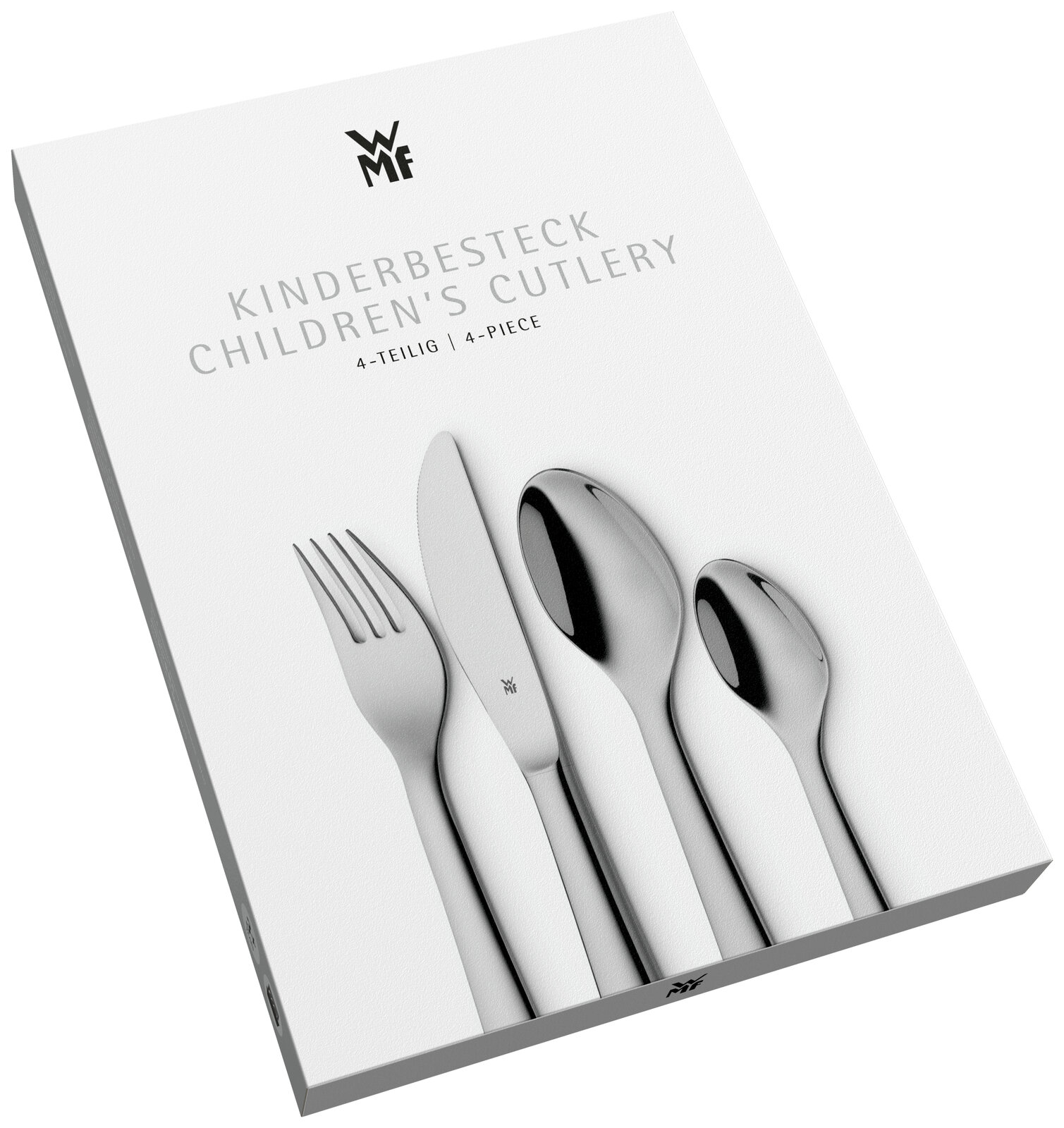 Schrägansicht auf eine Verpackung mit einem 4-teiligen Kinderbesteck-Set von WMF, bestehend aus Gabel, Messer, Löffel und Teelöffel.