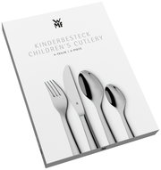 Schrägansicht auf eine Verpackung mit einem 4-teiligen Kinderbesteck-Set von WMF, bestehend aus Gabel, Messer, Löffel und Teelöffel.
