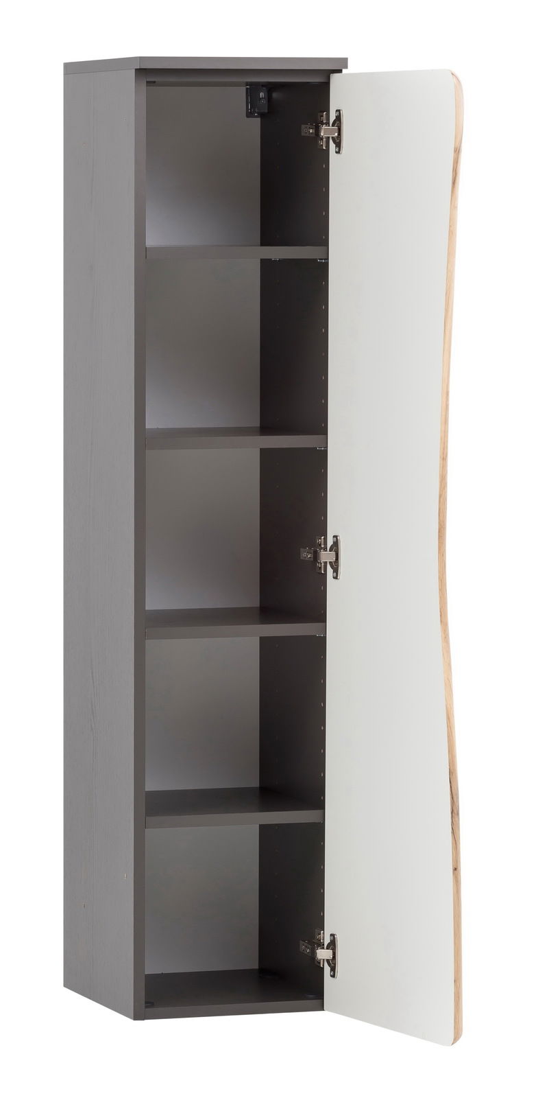 Offener Midischrank mit mehreren Regalböden, graue Seiten und weiße Tür, seitliche Perspektive.