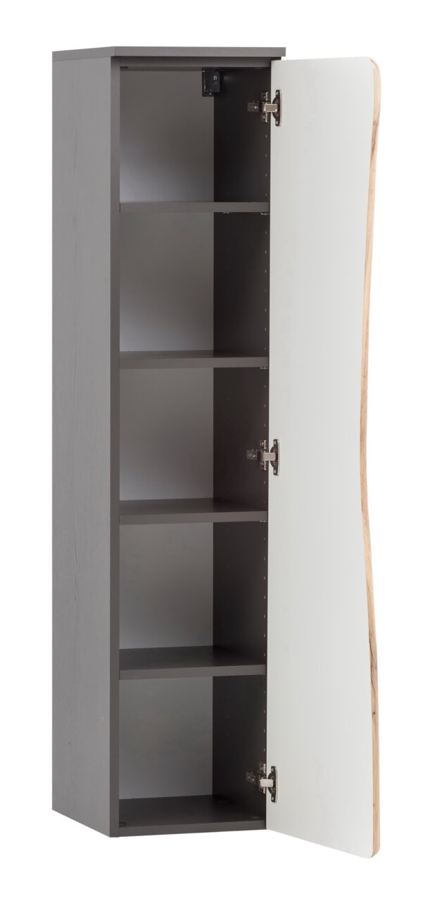 Offener Midischrank mit mehreren Regalböden, graue Seiten und weiße Tür, seitliche Perspektive.