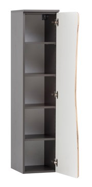 Offener Midischrank mit mehreren Regalböden, graue Seiten und weiße Tür, seitliche Perspektive.