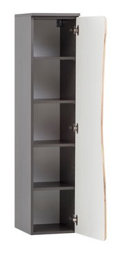 Offener Midischrank mit mehreren Regalböden, graue Seiten und weiße Tür, seitliche Perspektive.