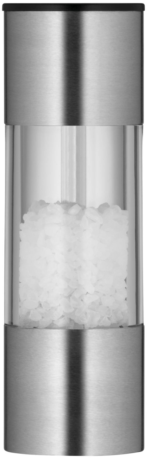 Moderne Minimühle aus Edelstahl und Glas, gefüllt mit grobem Salz, in Frontalansicht.