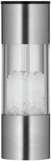Moderne Minimühle aus Edelstahl und Glas, gefüllt mit grobem Salz, in Frontalansicht.