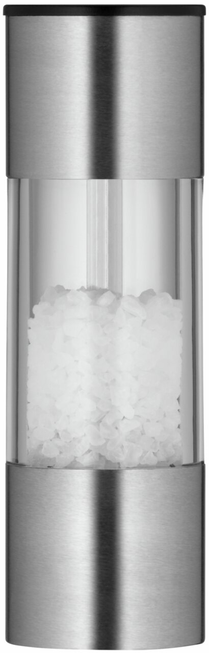 Moderne mini-molen van roestvrij staal en glas, gevuld met grof zout, gezien van voren.