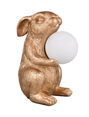 Goldene Tischleuchte in Form eines sitzenden Hasen, der eine weiße Kugel hält, seitliche Perspektive