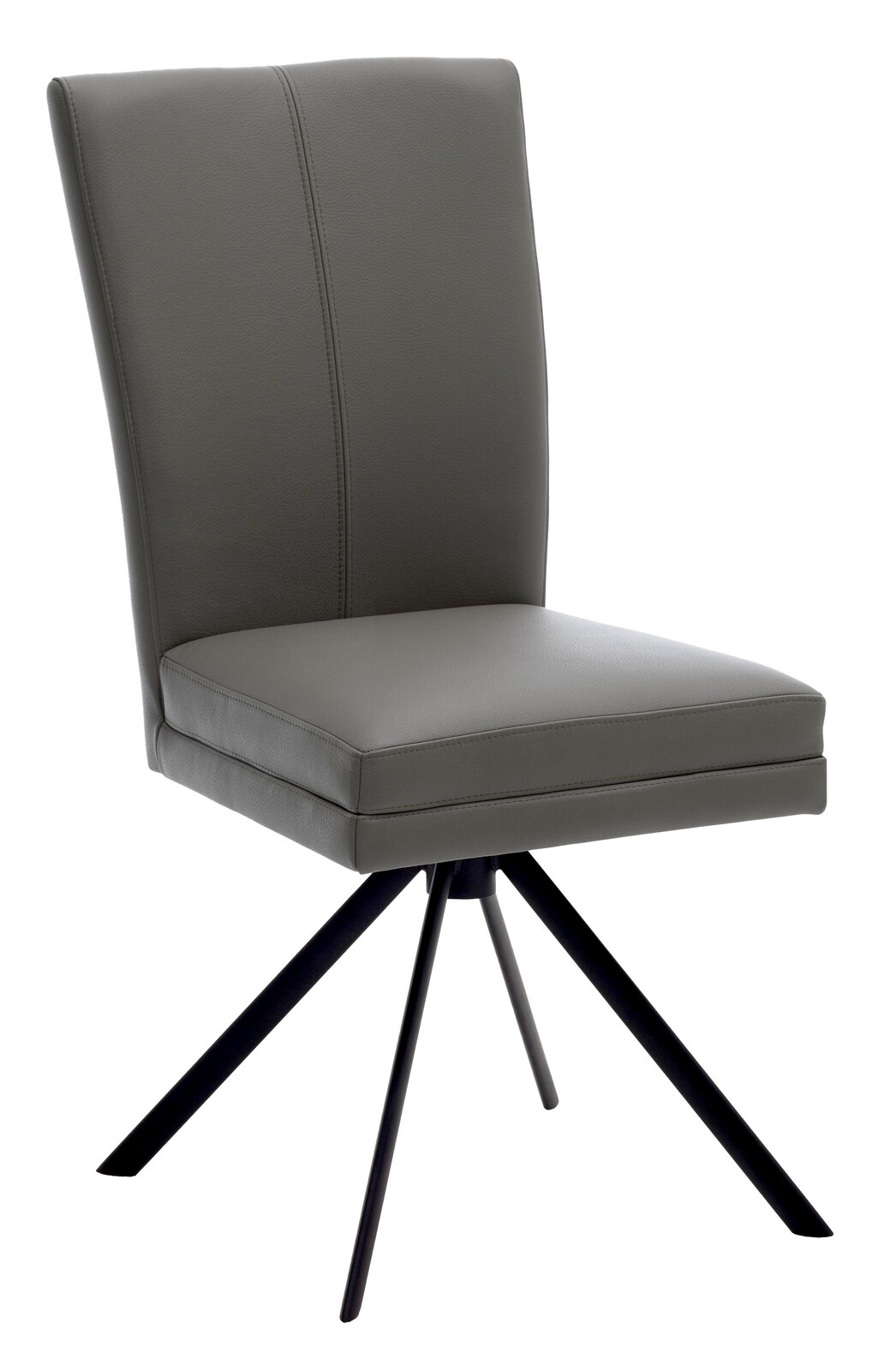 Moderner Stuhl mit grauem Polster und schwarzem Metallgestell, seitliche Perspektive