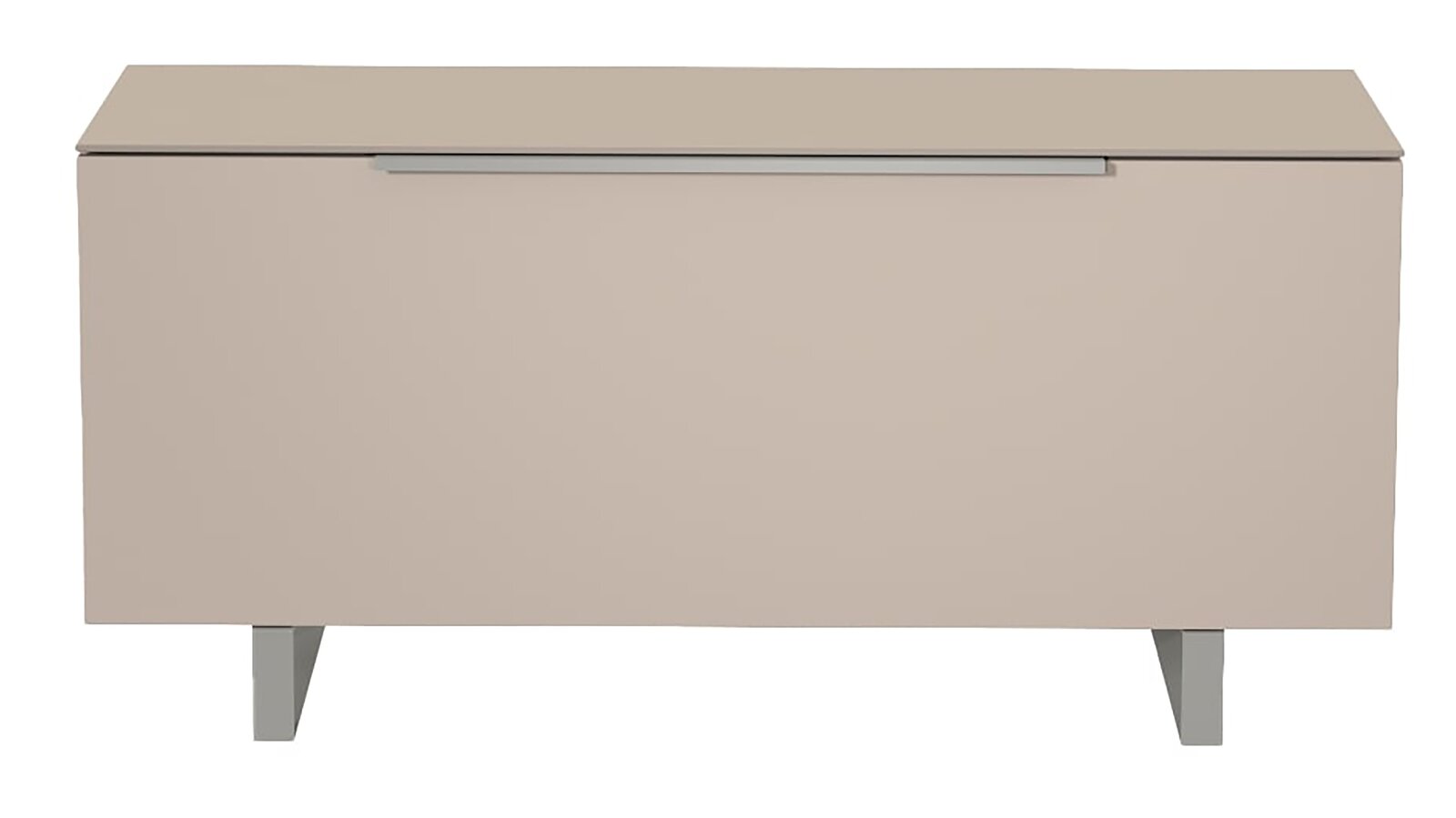 Frontansicht eines modernen, beigen TV-Lowboards mit Metallgriffen und schlichten Füßen.