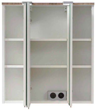 Spiegelschrank mit geöffneter Frontansicht, drei Fächer und integrierte Steckdose.