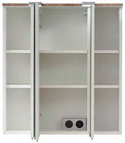 Spiegelschrank mit geöffneter Frontansicht, drei Fächer und integrierte Steckdose.