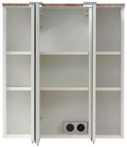 Spiegelschrank mit geöffneter Frontansicht, drei Fächer und integrierte Steckdose.