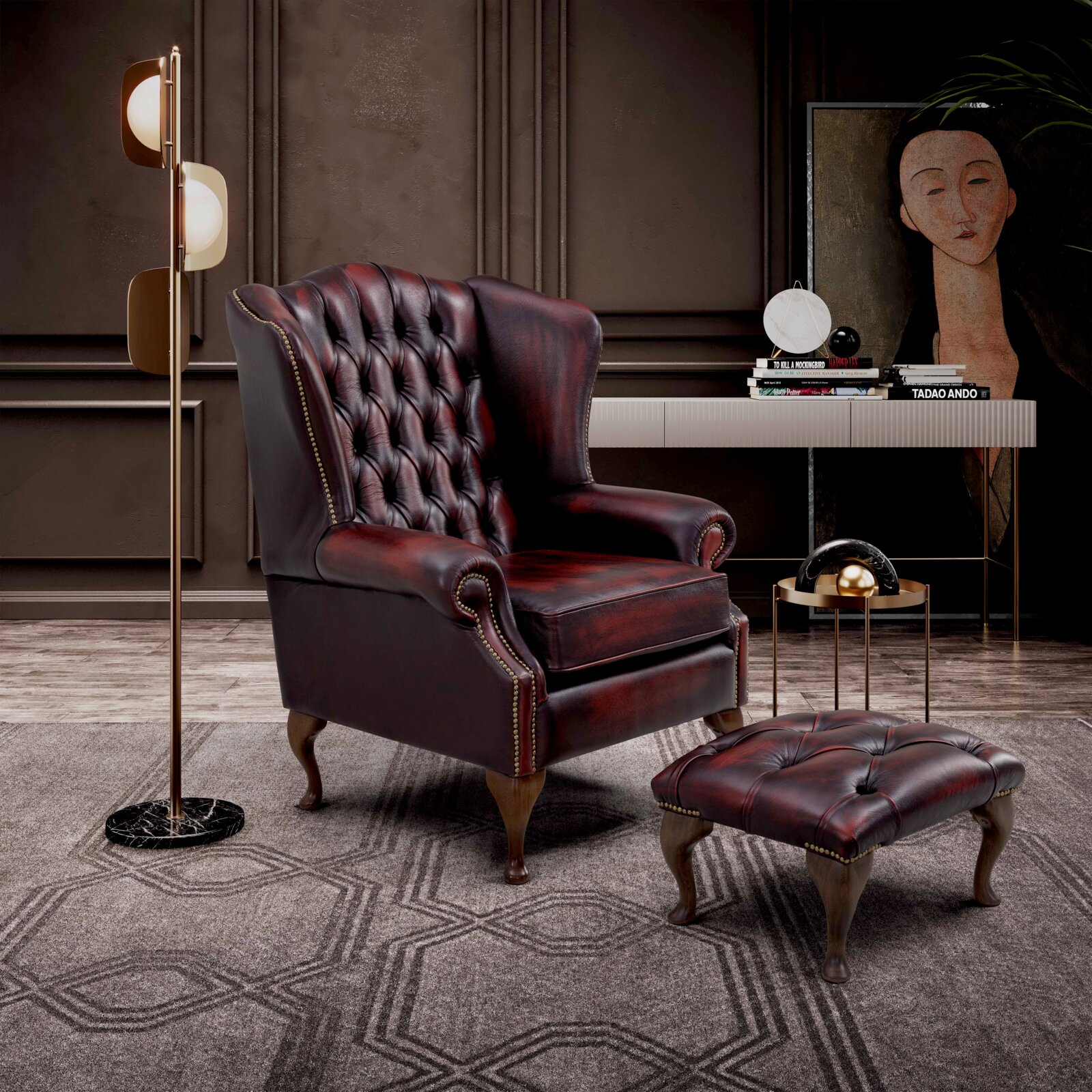 Oorfauteuil van donker leer met knopenbekleding, vergezeld van een bijpassende poef, in een elegante woonkamer. Perspectief: vooraanzicht.
