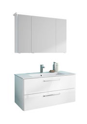 Moderner weißer Badblock mit Spiegelschrank und Waschbecken, seitliche Perspektive