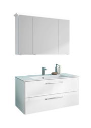 Moderner weißer Badblock mit Spiegelschrank und Waschbecken, seitliche Perspektive