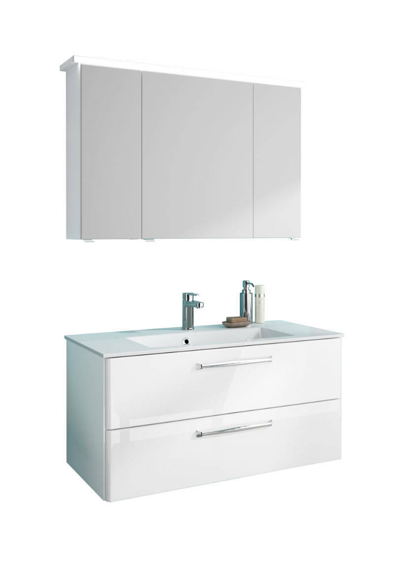 Moderner weißer Badblock mit Spiegelschrank und Waschbecken, seitliche Perspektive