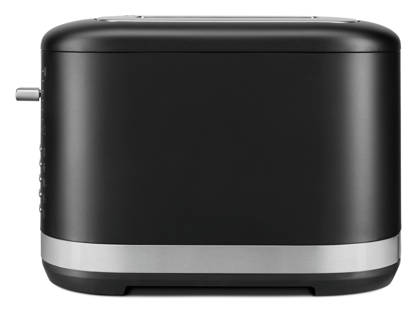 Schwarzer Toaster mit zwei Schlitzen, seitliche Ansicht