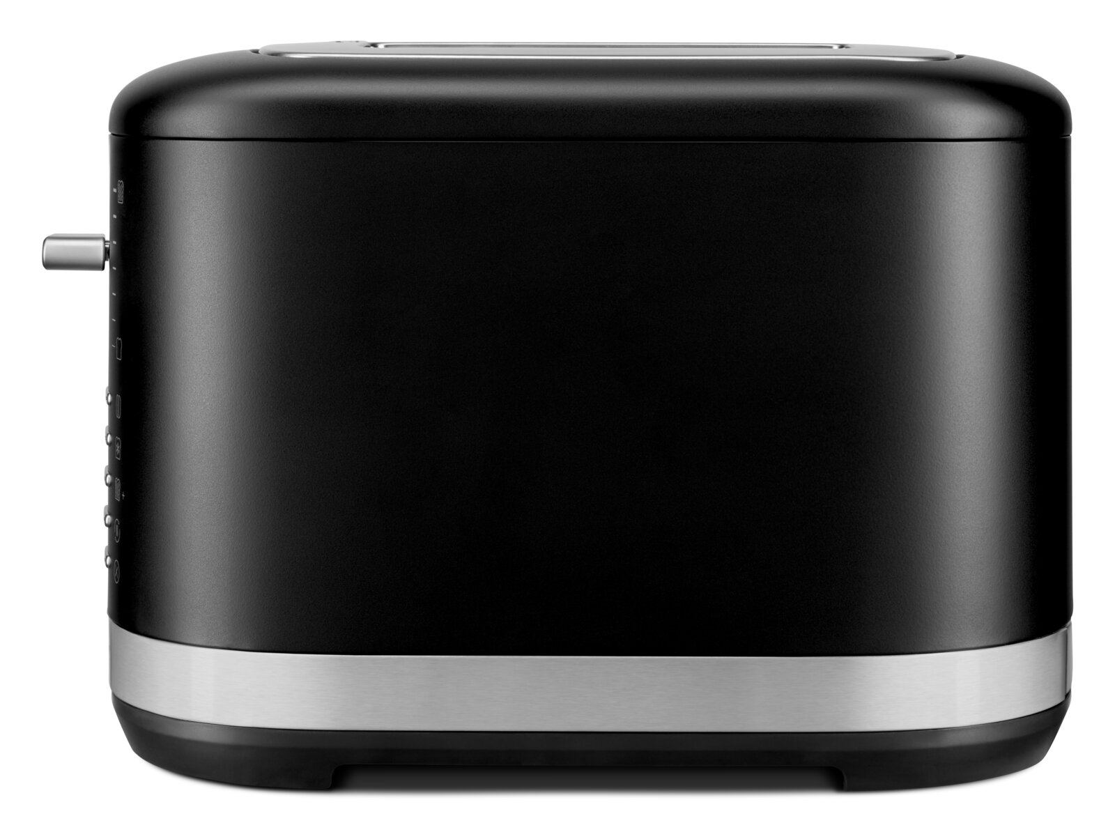 Schwarzer Toaster mit zwei Schlitzen, seitliche Ansicht