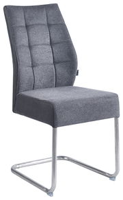 Moderner Schwingstuhl mit grauem Stoffbezug und verchromtem Gestell, seitliche Perspektive